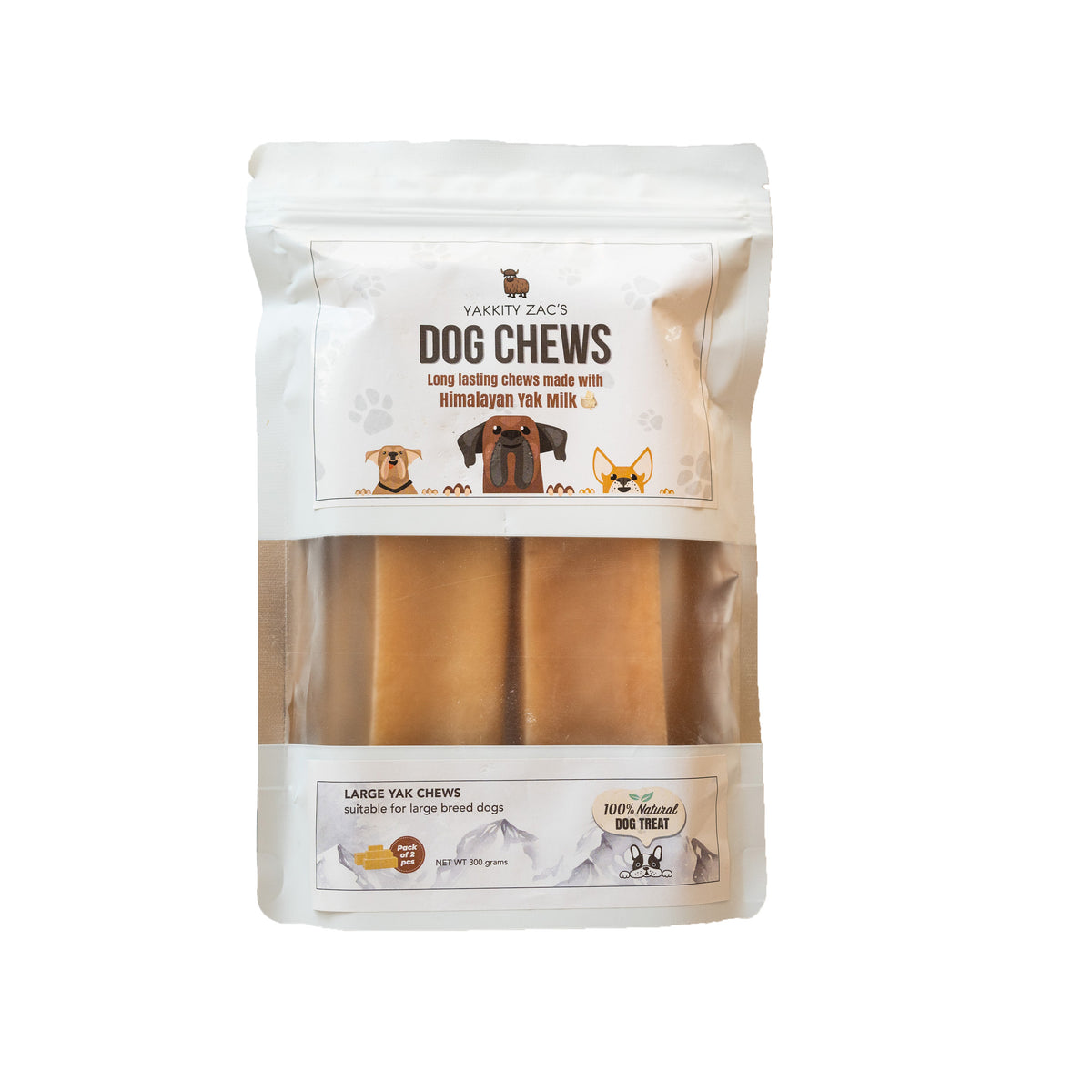 Package of hard yak milk dog chews with visible text and branding on a white background