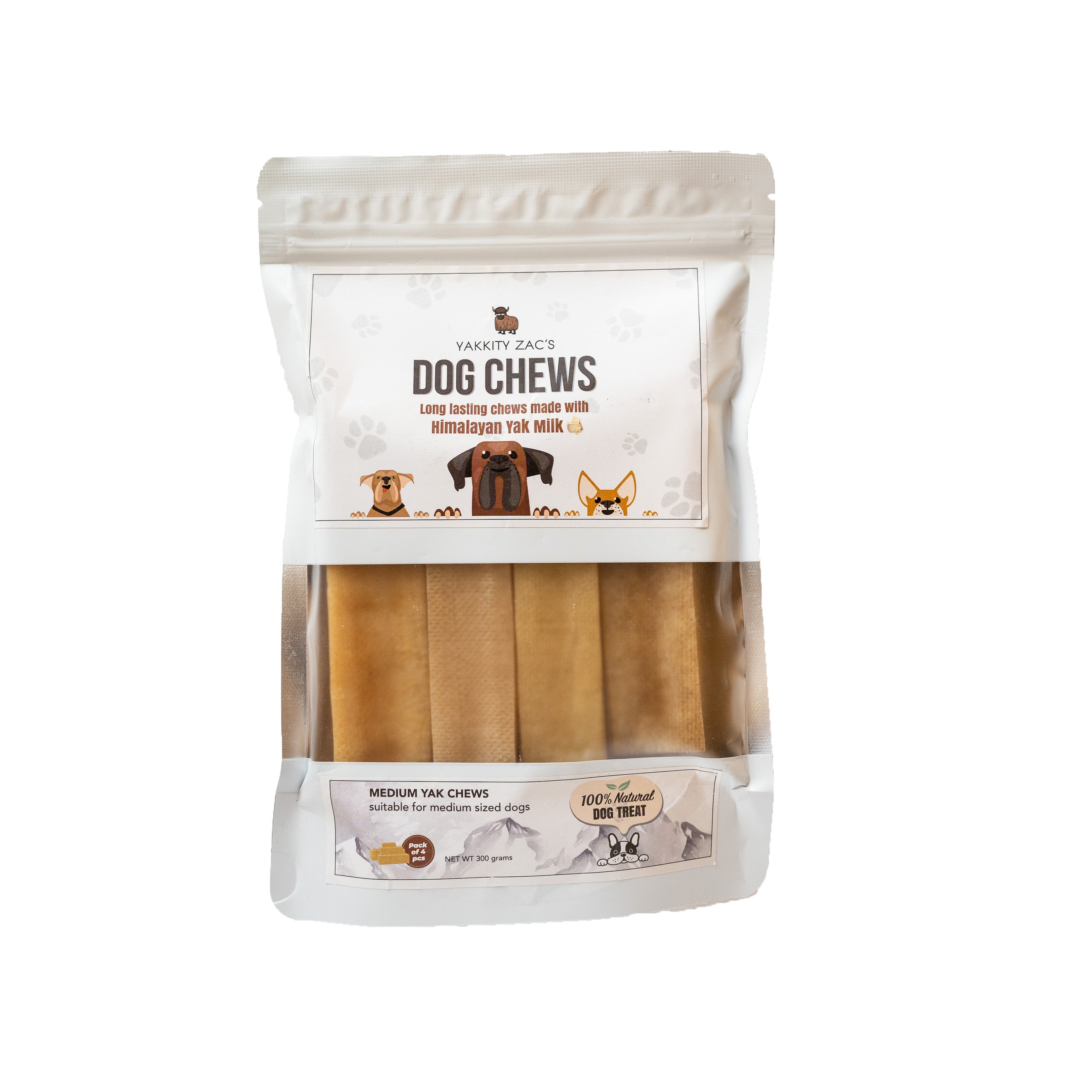 Package of hard yak milk dog chews with visible text and branding on a white background